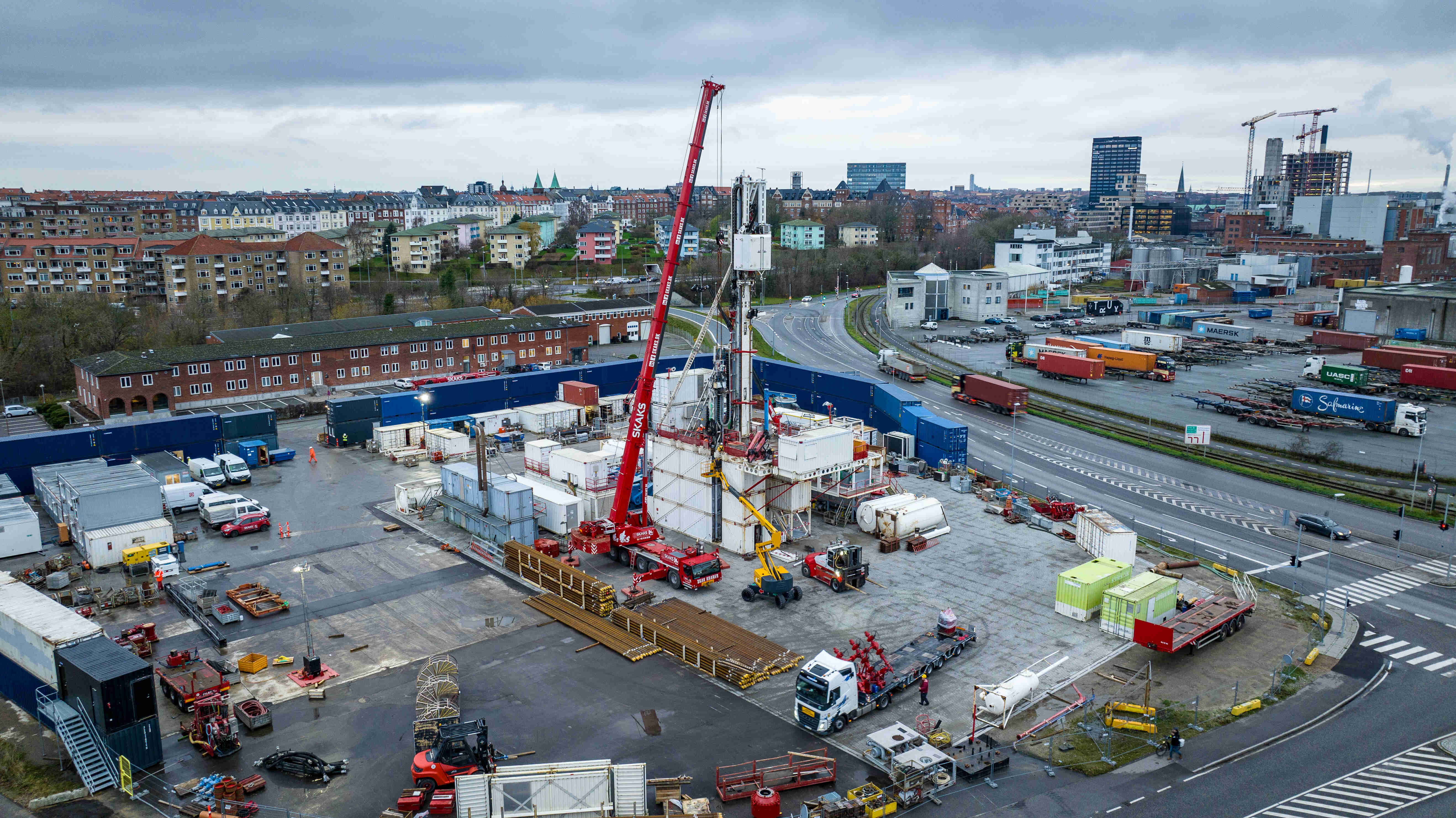 Drone image of geothermal drilling site, Aarhus Harbour